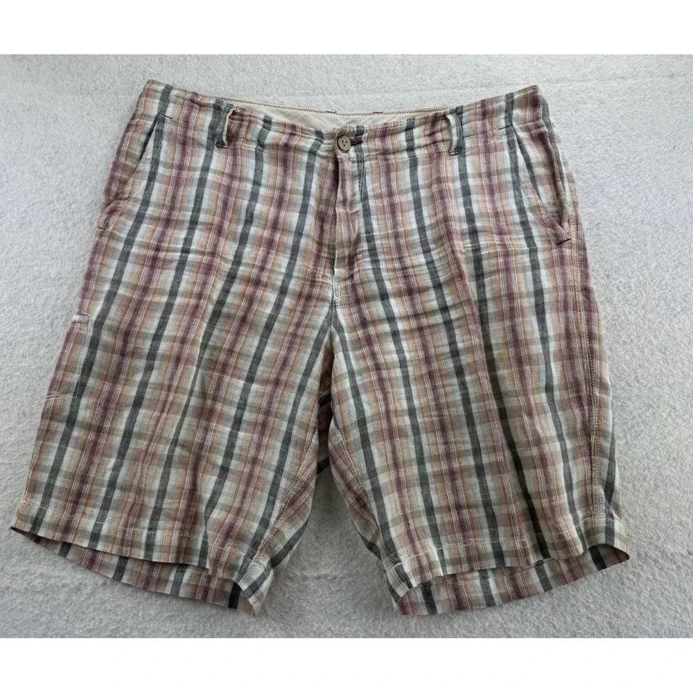 Tommy‎ Bahama Mens 100% Linen Chino Shorts Tag 36 Actual Size 38 Tropical Plaid